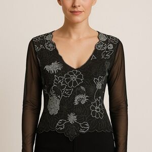 Tadashi Vintage Beaded Mesh Floral Black Long Sleeve Evening Top Sz M